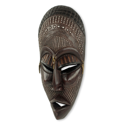 African wood mask, 'Yaa Asantewa' - Unique Hand Crafted Wood and Metal African Mask
