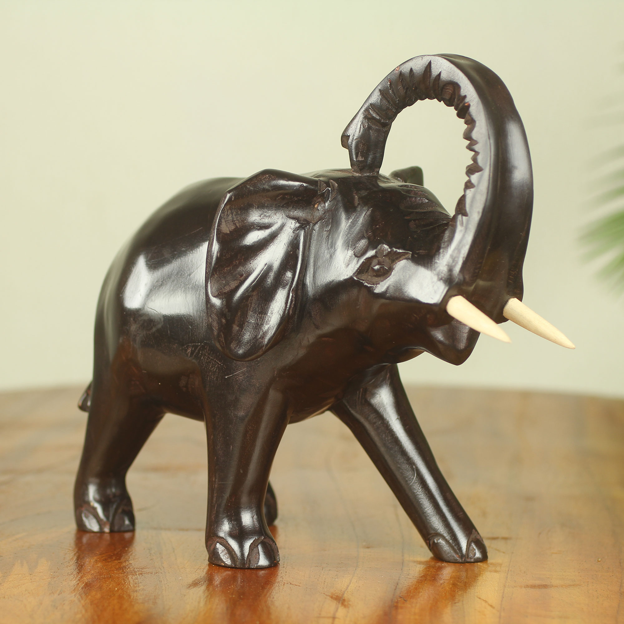 Hand Carved Wood Elephant Sculpture with Dark Finish - Osuno I | NOVICA