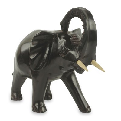 Wood sculpture, 'Osuno I' - Hand Carved Wood Elephant Sculpture with Dark Finish
