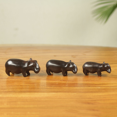 Wood figurines, 'Hippo Trio' (set of 3) - Fair Trade Carved Wood Hippos from Africa (Set of 3)