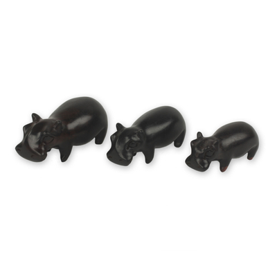 Wood figurines, 'Hippo Trio' (set of 3) - Fair Trade Carved Wood Hippos from Africa (Set of 3)