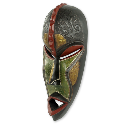 African wood mask, 'Hye Wonnye' - Hand Carved Wood Mask Embellished with Metal Accents