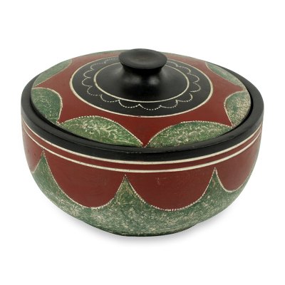 Decorative wood bowl, 'Adipaa' - African Decorative Carved Wooden Bowl with Lid