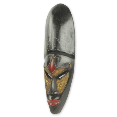 African wood mask, 'Queen' - Original African Decorative Mask with Brass Accents