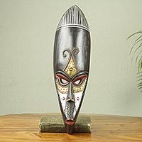 African wood mask, 'Hausa Monkey Face' - Handmade African Wood Mask with Embossed Metal Accents