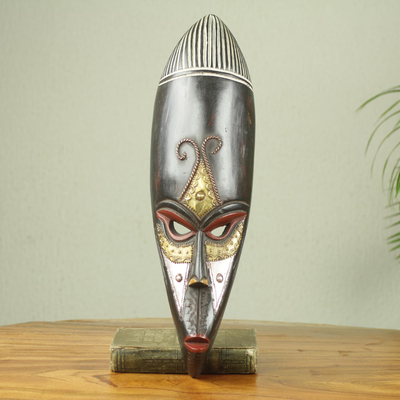 African wood mask, 'Hausa Monkey Face' - Handmade African Wood Mask with Embossed Metal Accents