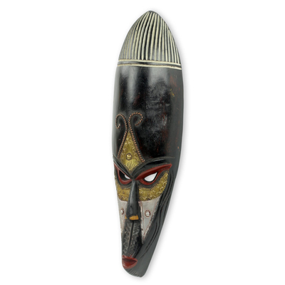 Afrikanische Holzmaske - Handgefertigte afrikanische Holzmaske mit geprägten Metallakzenten