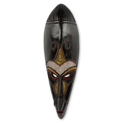 African wood mask, 'Biri' - Copper Accented Wood Mask from Ghanaian Artisan