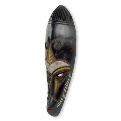 African wood mask, 'Biri' - Copper Accented Wood Mask from Ghanaian Artisan