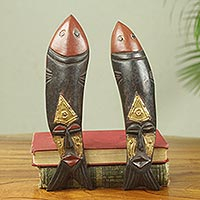 African wood masks, 'Brother Fish' (pair) - Artisan Crafted Fish Theme African Masks (Pair)
