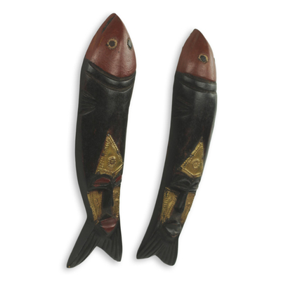 African wood masks, 'Brother Fish' (pair) - Artisan Crafted Fish Theme African Masks (Pair)
