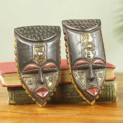African wood mini masks, 'Passport' (pair) - Brass Accented Wood Masks Handmade in Africa (Pair)