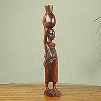 Escultura de madera - Escultura de madera de madre e hijo tallada a mano de Ghana