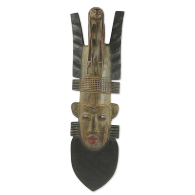 African wood mask, 'Thinking Man' - Long African Wood Mask Hand-Carved by Ghanaian Artisan