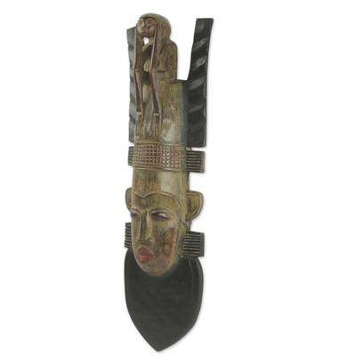 African wood mask, 'Thinking Man' - Long African Wood Mask Hand-Carved by Ghanaian Artisan