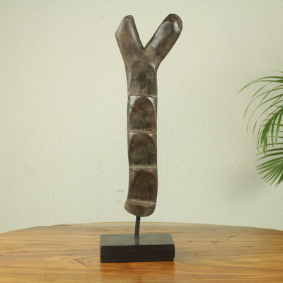 Wood sculpture, 'Ladder to Success' - Abstract Hand Carved Wood Ladder Sculpture on Stand