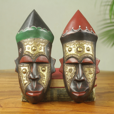 African wood masks, 'Akan Chief I' (pair) - Embossed Brass and Wood African Handmade Masks (Pair)