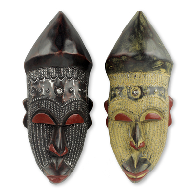 African wood masks, 'Akan Chief II' (pair) - Ghanaian Hand Made Sese Wood Masks with Metal (Pair)
