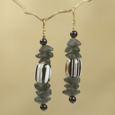 Beaded earrings, 'Xose in Black and White' - African Earrings Crafted by Hand with Recycled Beads
