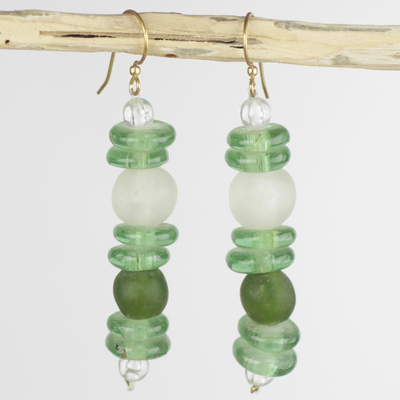 Recycled glass dangle earrings, 'Dziedzorm' - Green Beaded Earrings from Africa Fair Trade Jewelry