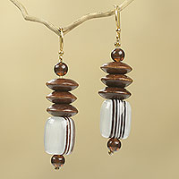 Wood beaded earrings, 'Elikplim' - African Fair Trade Jewellery Recycled Beads and Wood Earrings