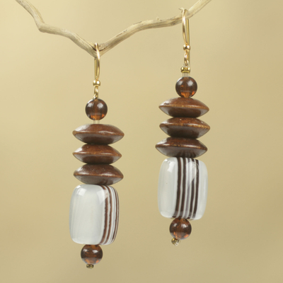 Wood beaded earrings, 'Elikplim' - African Fair Trade Jewelry Recycled Beads and Wood Earrings