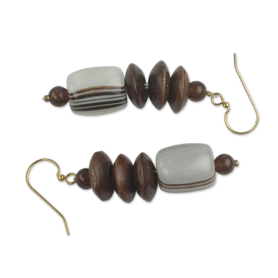 Wood beaded earrings, 'Elikplim' - African Fair Trade Jewelry Recycled Beads and Wood Earrings