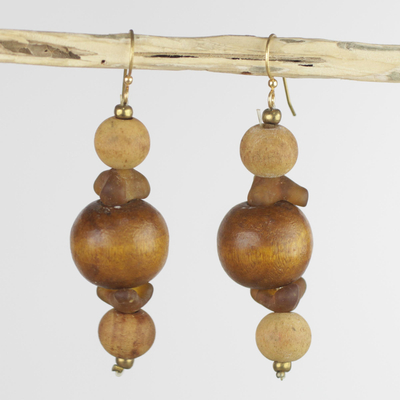 Wood beaded earrings, 'Dzidudu' - Wood Beaded Dangle Earrings Artisan Crafted Jewelry