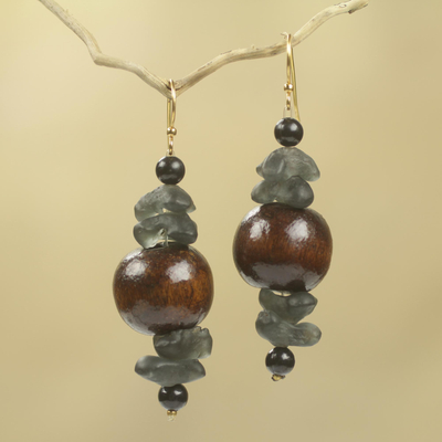 Wood beaded earrings, 'Dzidudu in Dark Brown' - Recycled Beads and Wood Dangle Earrings