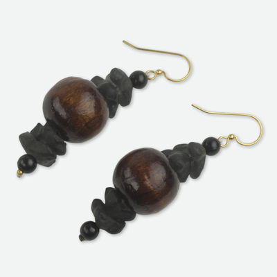 Wood beaded earrings, 'Dzidudu in Dark Brown' - Recycled Beads and Wood Dangle Earrings