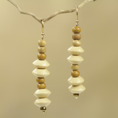 Wood beaded earrings, Nubueke in Brown
