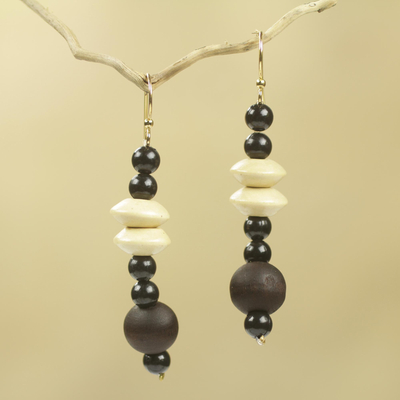 Wood beaded earrings, 'Muse' - Artisan Crafted Wood and Recycled Beads Earrings