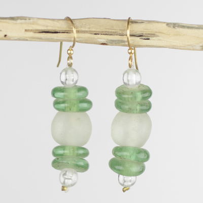 Recycled glass dangle earrings, 'Cool Klenam' - Handcrafted Eco Friendly African Dangle Earrings
