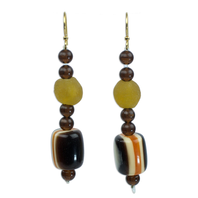 Recycled glass dangle earrings, 'Destiny Loves Me' - Yellow African Handcrafted Eco Friendly Earrings