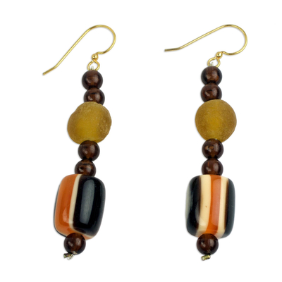 Recycled glass dangle earrings, 'Destiny Loves Me' - Yellow African Handcrafted Eco Friendly Earrings
