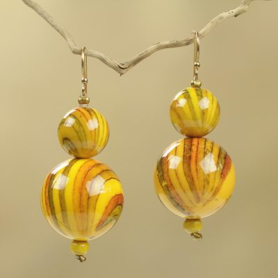 Beaded earrings, 'Dzidzo in Yellow' - Hand Crafted Yellow Beaded Earrings Recycled Art