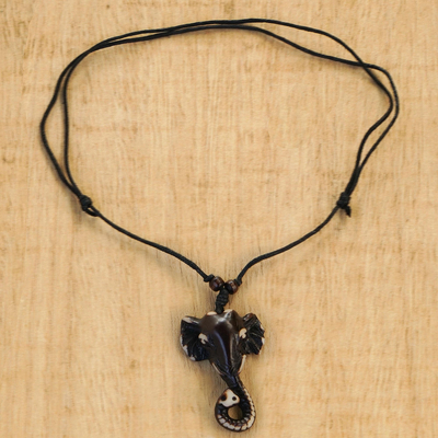 Bone pendant necklace, 'Osunu' - Black Elephant Batik Pendant on Adjustable Black Necklace