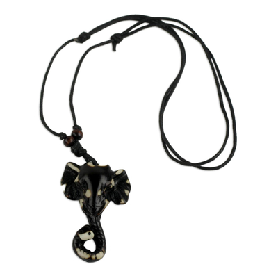 Bone pendant necklace, 'Osunu' - Black Elephant Batik Pendant on Adjustable Black Necklace