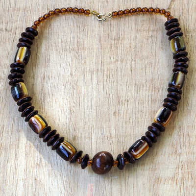 Wood beaded necklace, 'Edinam' - Wood Beaded Dangle Necklace Artisan Crafted Jewelry