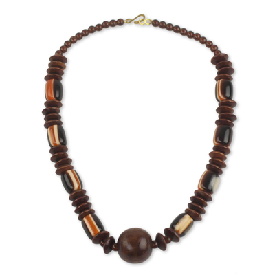Wood beaded necklace, 'Edinam' - Wood Beaded Dangle Necklace Artisan Crafted Jewellery