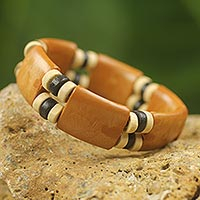 Wood stretch bracelet, 'Butterscotch Connection' - Recycled Plastic Wood Eco Friendly Bracelet from Africa