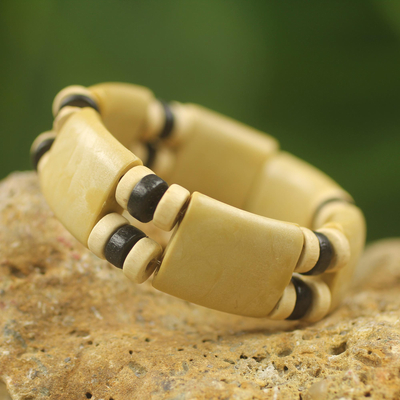 Wood stretch bracelet, 'Cream Connection' - Handmade Wood and Recycled Bead Stretch Bracelet