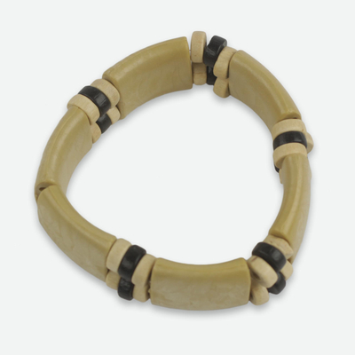 Wood stretch bracelet, 'Cream Connection' - Handmade Wood and Recycled Bead Stretch Bracelet