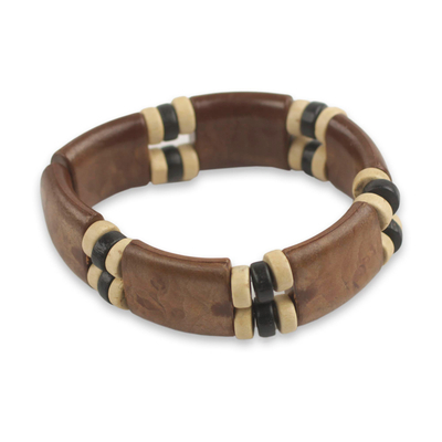 Wood stretch bracelet, 'Coffee Connection' - Eco Friendly Wood and Recycled Bead Bracelet from Ghana