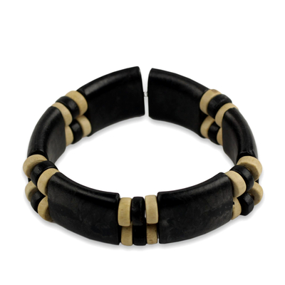Wood stretch bracelet, 'Midnight Connection' - Black and Cream Eco Friendly Recycled Bead and Wood Bracelet
