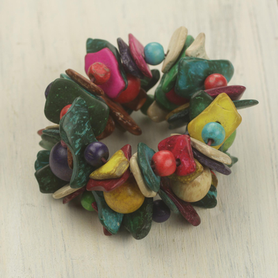 Wood stretch bracelet, 'Festival' - Handmade Wide Beaded Colorful Wood Stretch Bracelet