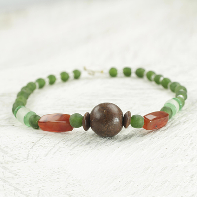 Agate and wood beaded necklace, 'With Gladness' - Eco Friendly Handcrafted Recycled Bead Necklace with Agate