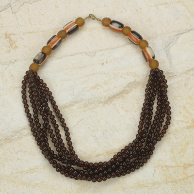 Recycled glass beaded necklace, 'Destiny Loves Me' - Brown and Yellow African Handcrafted Eco Friendly Necklace