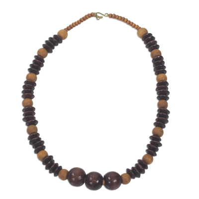 Wood beaded necklace, 'Dzidudu in Dark Brown' - Wood Beaded Dangle Necklace Artisan Crafted Jewelry
