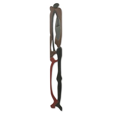 African wood wall sculpture, 'Akin the Drummer' - Abstract Carved Wood Wall Sculpture of African Drummer
